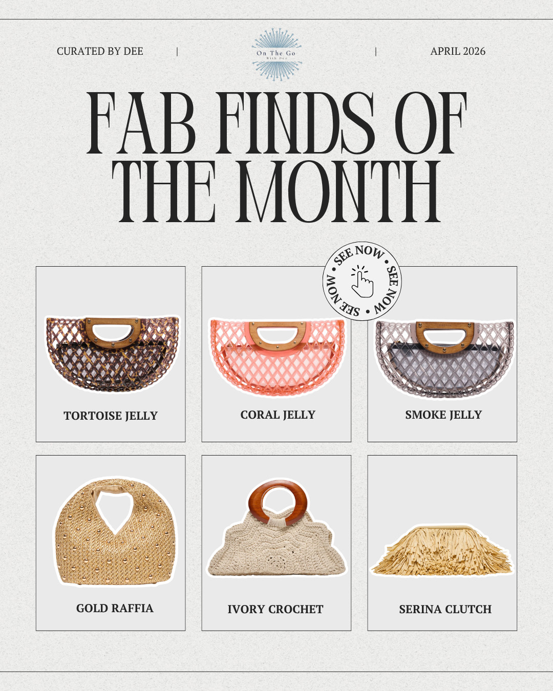 April’s Fab Finds of the Month are here! I've curated a mix of jelly bags, raffia textures, and crochet handbags that bring effortless polish to your wardrobe.

 

 #LTKootd #LTKSeasonal #LTKBeauty