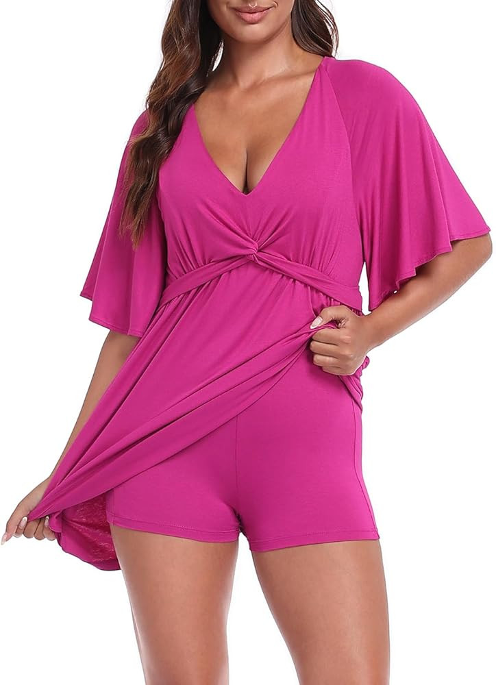 HDE Women's Skirted Romper Dress with Quick Slip Built-in Shorts V Neck Flutter Sleeve Summer Sko... | Amazon (US)