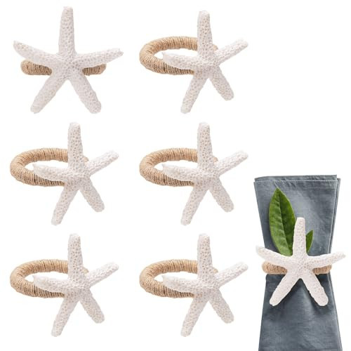6pcs Starfish Napkin Rings, White Sea Star Nautical Napkin Ring Holders Rustic Serviette Buckles for Crafts Dinning Dinner Table Summer Party Banquet Wedding Coastal Beach Holiday Cloth Decoration | Amazon (US)
