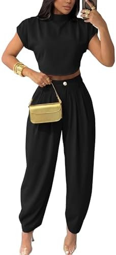 kaimimei 2 Piece Sets for Women Casual Mock Neck Cap Sleeve Crop Tops and Palazzo Pants Vacation ... | Amazon (US)