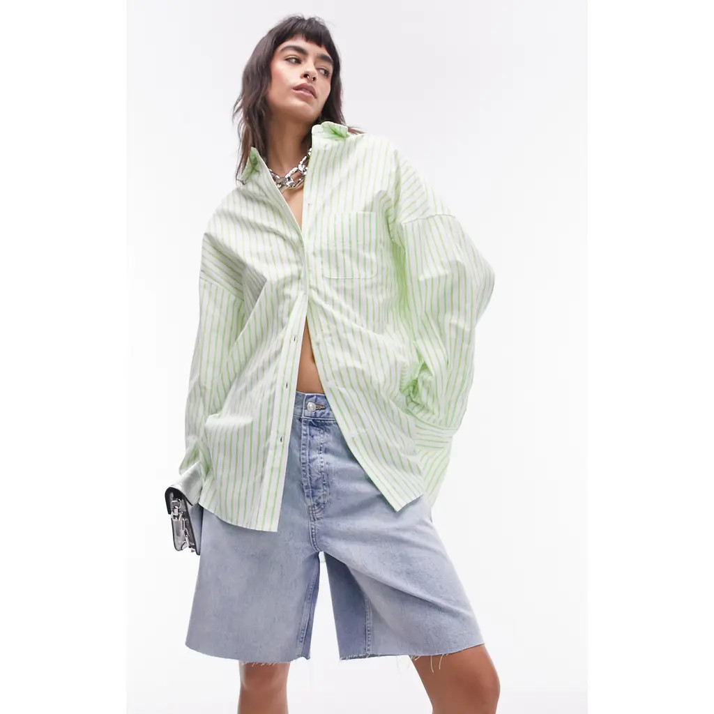 Topshop Oversize Stripe Cotton Button-Up Shirt in Medium Green at Nordstrom, Size 4 Us | Nordstrom