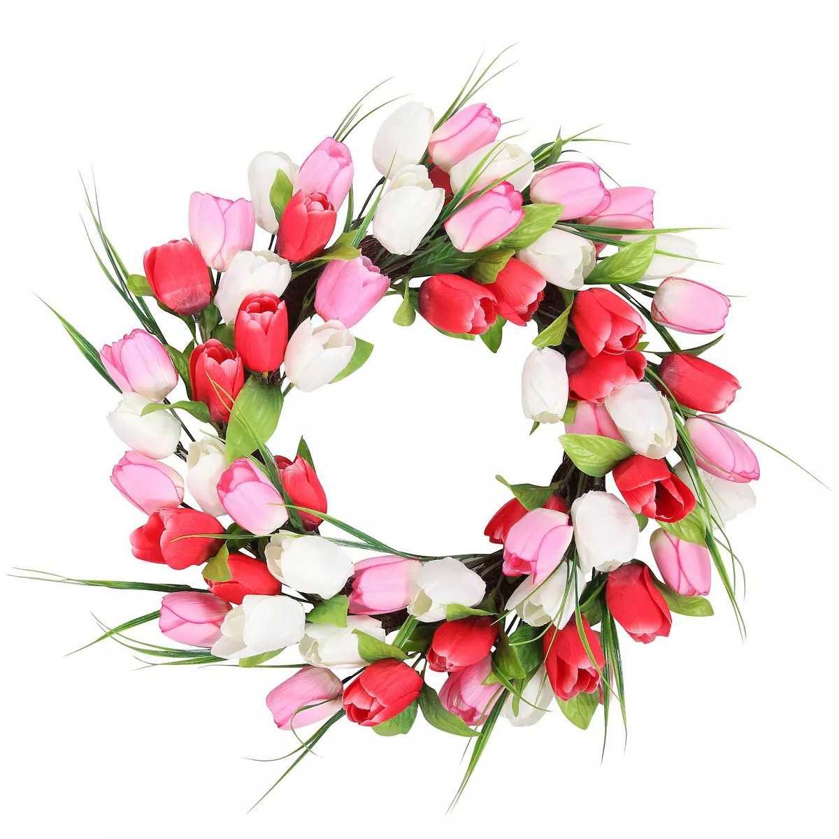 22" Tulip Wreath with Pink, Red, White Flowers and Natural Grapevine Base | Kohl's