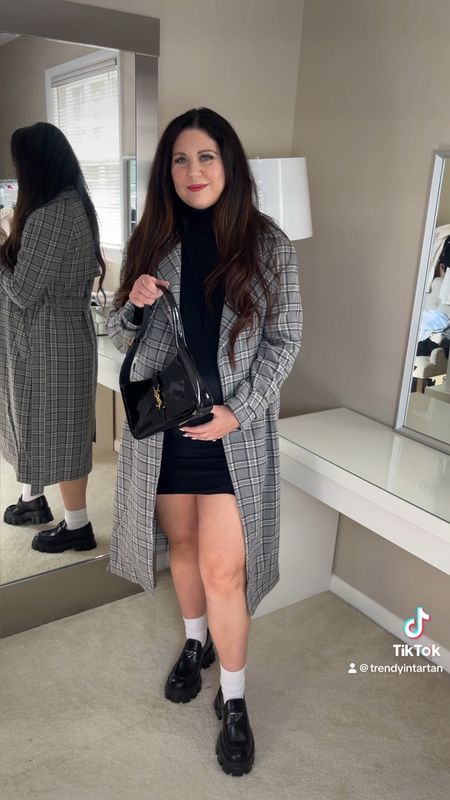 Bump friendly fall outfit! Maternity outfit, fall trends, fall fashion, style the bump, pregnancy outfit

Wearing a medium in plaid trench coat! 
Black turtleneck sweater mini dress is old so I linked similar and loafers are Prada! Fit TTS

#LTKbump #LTKSeasonal #LTKshoecrush