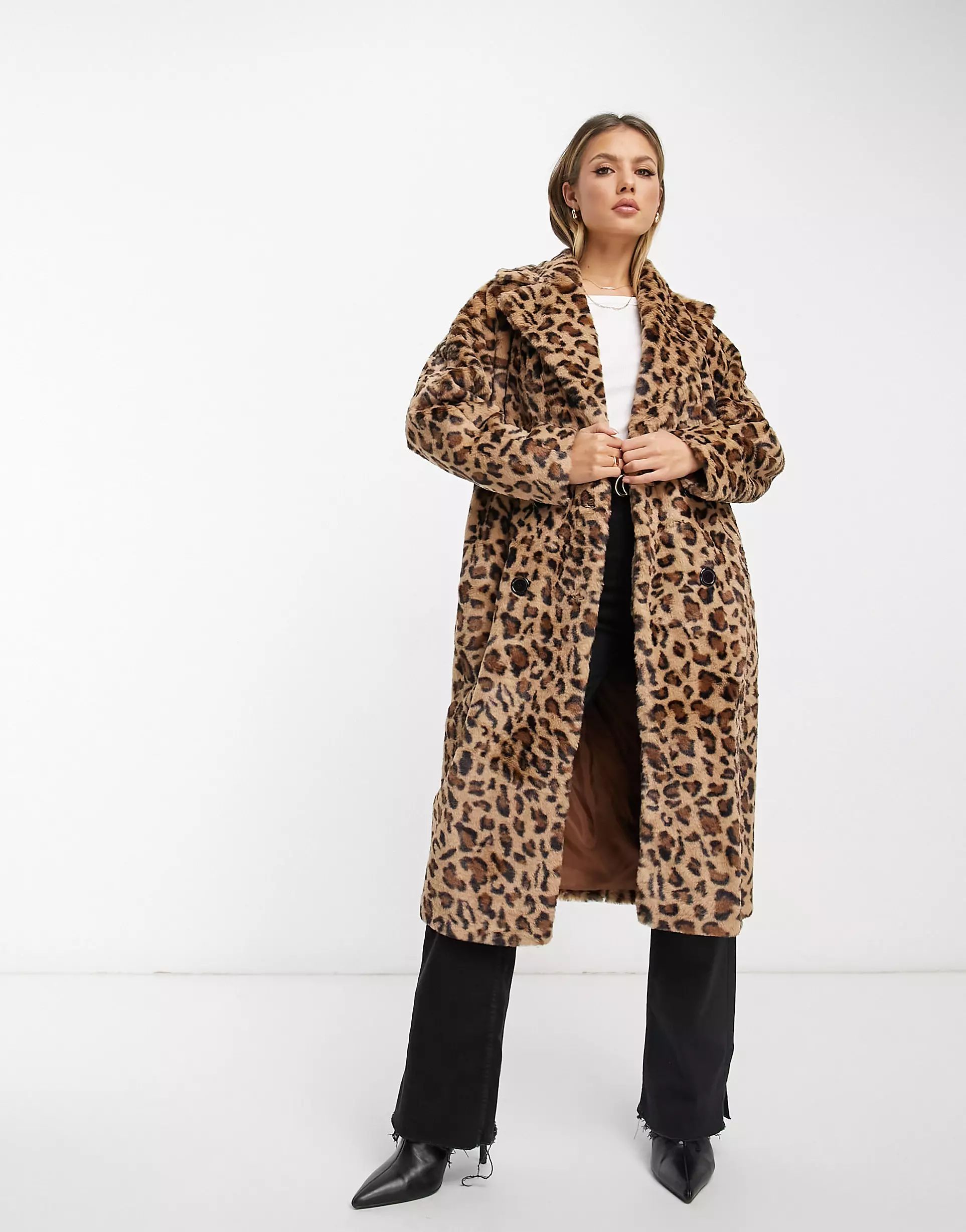 Helene Berman double breasted faux fur coat in brown leopard | ASOS (Global)