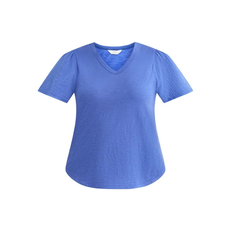 Time and Tru Women's Cotton Mixed Fabric V Neck Tee, Sizes XS-XXXL | Walmart (US)