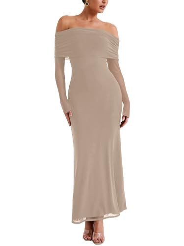 REORIA Women Off Shoulder Long Sleeve Dress Elegant Sexy Stretch Mesh Double Lined Slim Trendy Long Dresses(Khaki Large) | Amazon (US)
