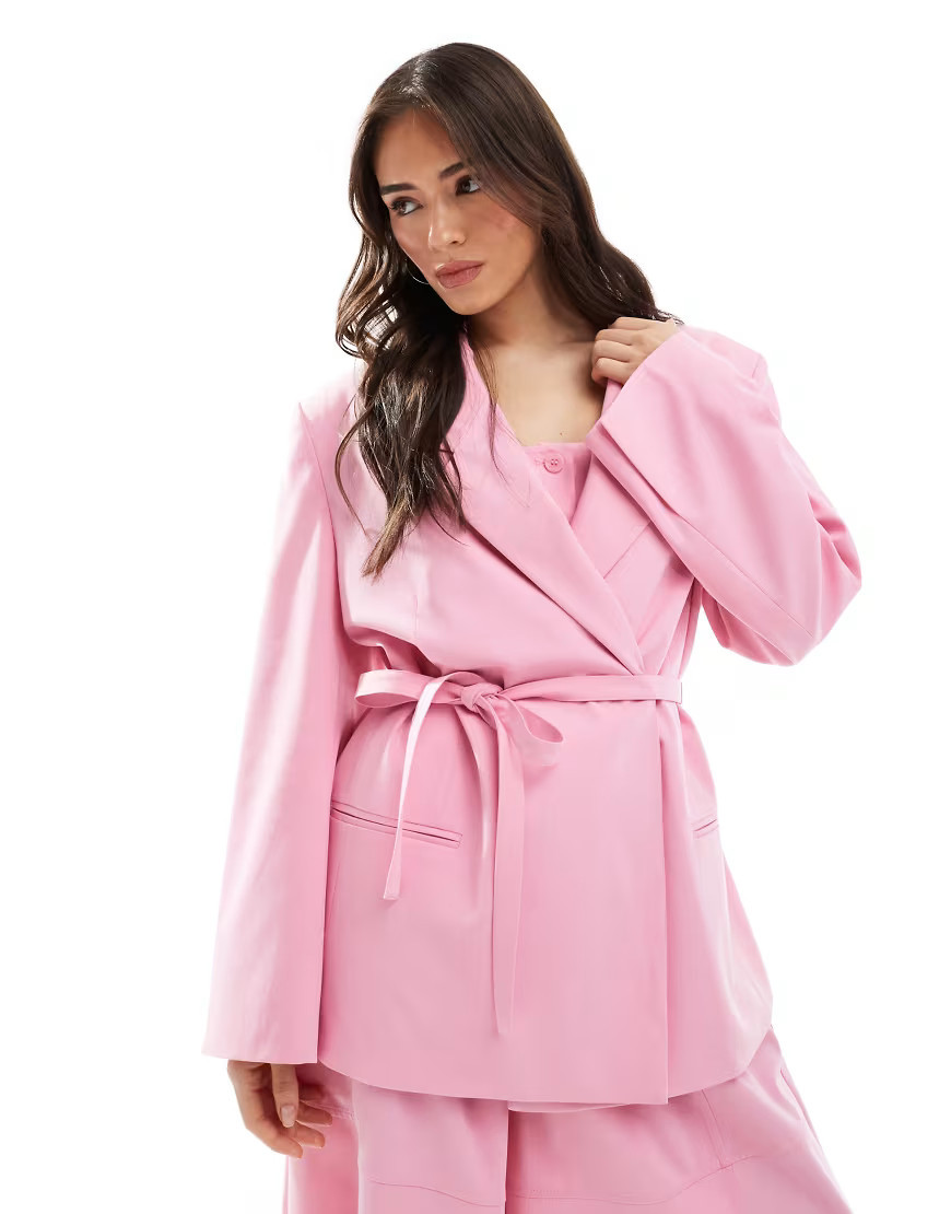 ASOS DESIGN tailored oversized tie waist blazer in pink - part of a set | ASOS (Global)