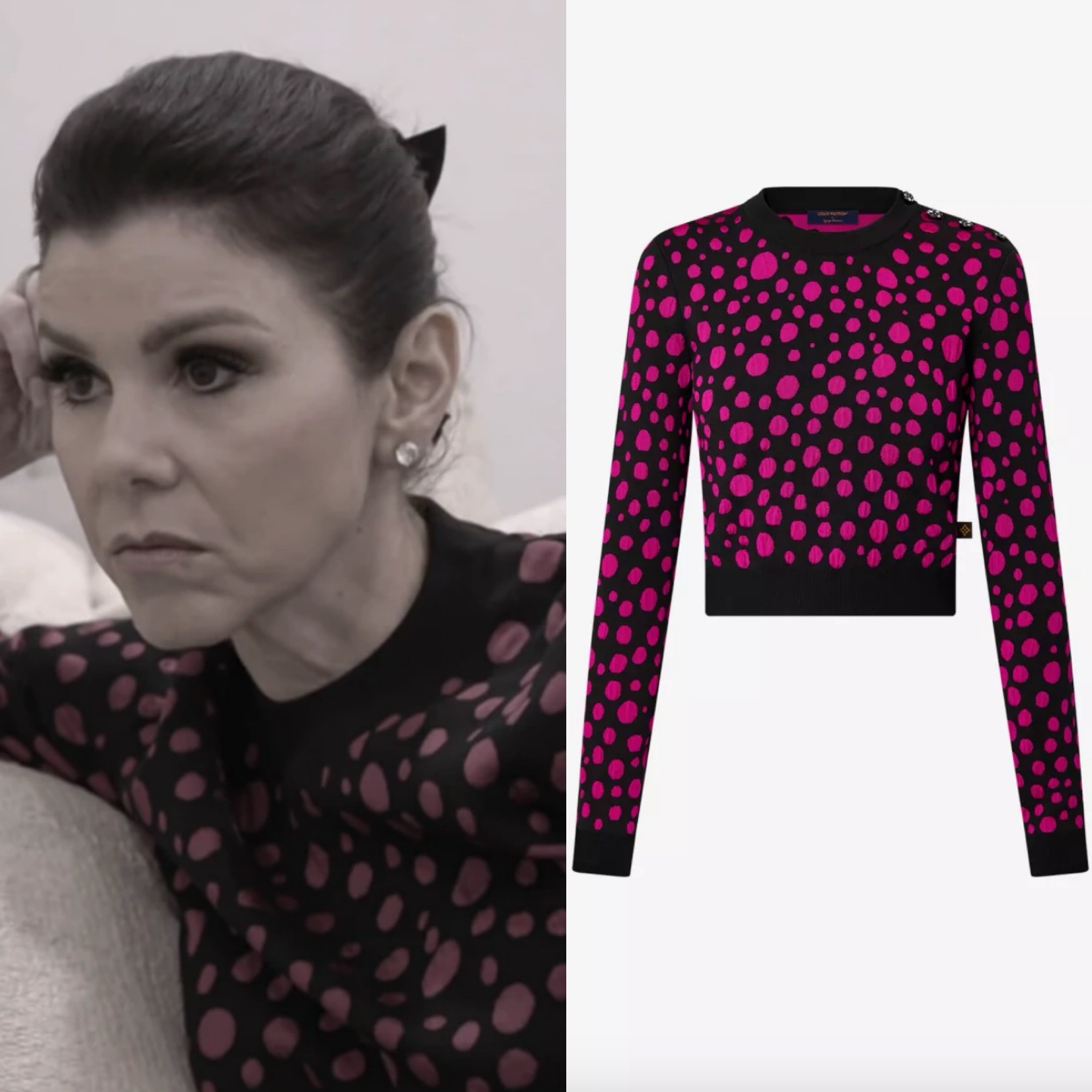 Heather Dubrow’s Black and Pink Polka Dot Sweater is Sold Out by Louis Vuitton // Shop Similar 