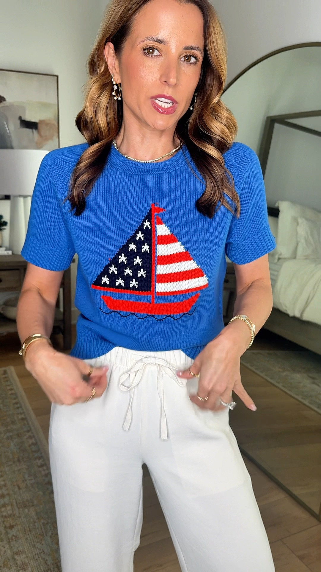 I love this little Americana sweater from Walmart! 4th of July outfit. Memorial Day weekend. Summer outfit. Coastal outfit. Summer style. Wearing XS in top and XS regular in pants. Wrinkle-resistant pants.

#LTKootd #LTKTravel #LTKPetite