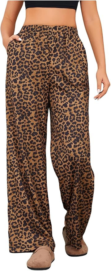 OYOANGLE Women's Leopard Print Elastic High Waist Long Pants Cheetah Printed Wide Leg Loose Trous... | Amazon (US)
