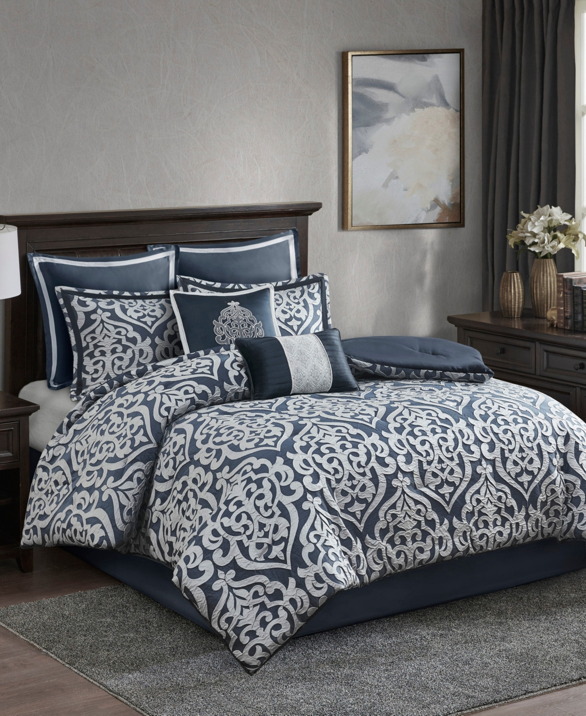 Madison Park Odette Jacquard 8-Pc. Comforter Set, Queen - Navy | Macy's