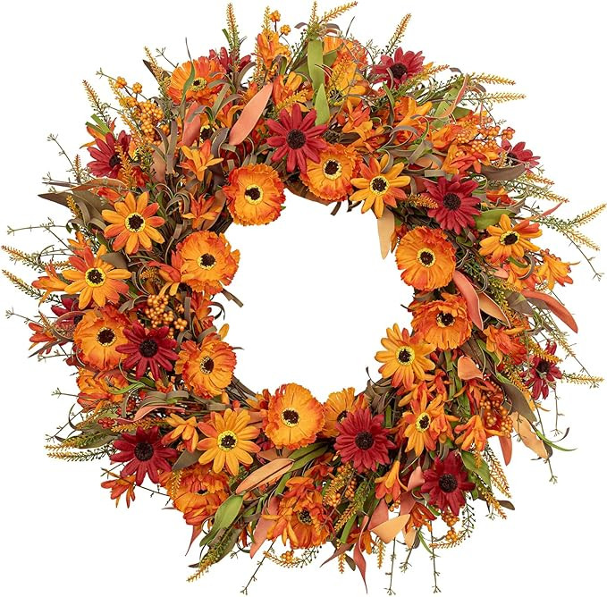 J'FLORU Artificial Fall Wreath 22 Inch Autumn Wreaths for Front Door Orange Daisy Wreath with Wil... | Amazon (US)