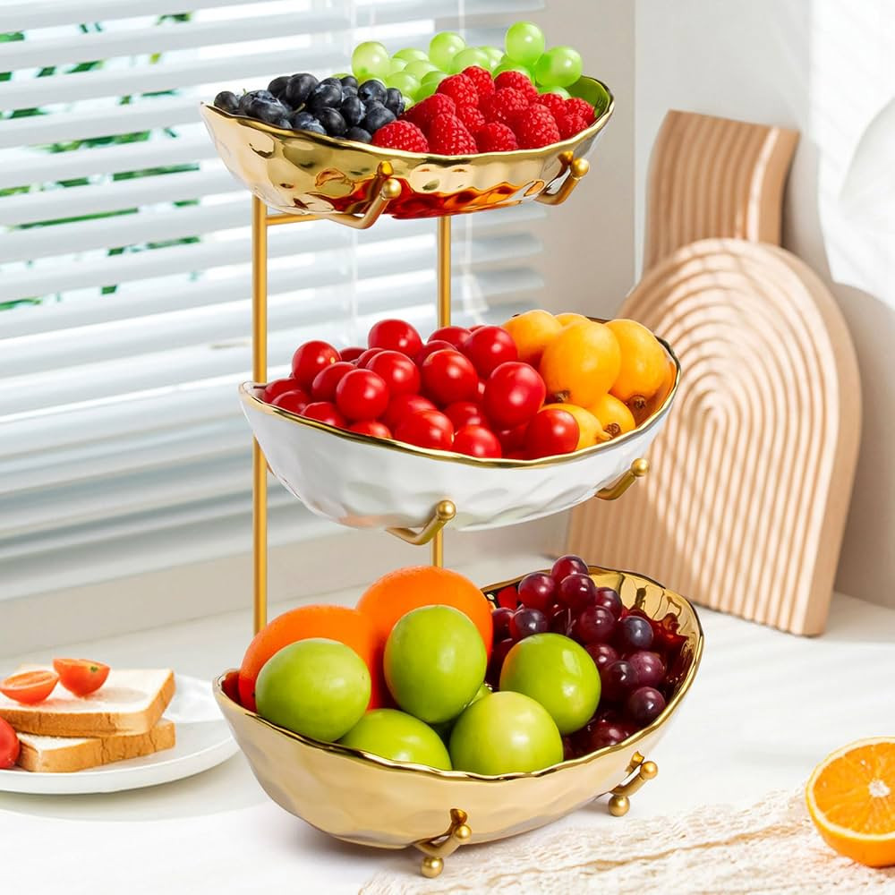 Fruit Bowl for Kitchen Counter, 3 Tier Fruit Basket, Ceramic Fruit Bowl, Tiered Fruit Basket for ... | Amazon (US)