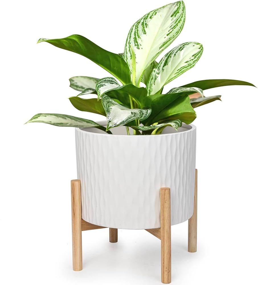 LaDoVita Ceramic Plant Pot with Stand, 10 Inch Planter with Wood Shelf, Modern Round Flower Pots ... | Amazon (US)