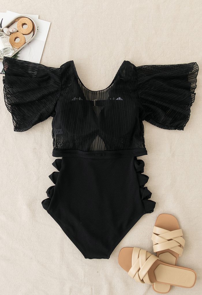 Detachable Bra and Lacy Swimsuit Set in Black | Chicwish