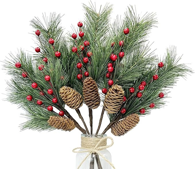 Pextian 5pcs Pine Cone Red Berry Picks, 13.3” Artificial Berry Pine Branches, Christmas Berries... | Amazon (US)
