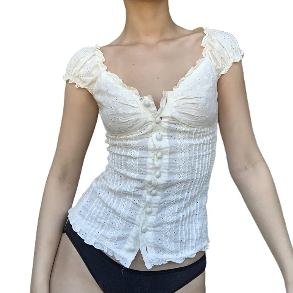 Women Y2K Lace Patchwork Crop Top Tee Fairy Grunge Short Sleeve Square Neck Button Shirt Vintage ... | Amazon (US)