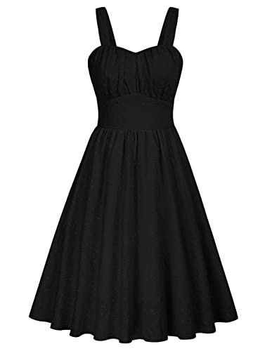 Belle Poque Black Cute Cotton Embroidery Midi Dress for Women Sleeveless Retro Elegant Tea Party Midi Dress Black Medium | Amazon (US)