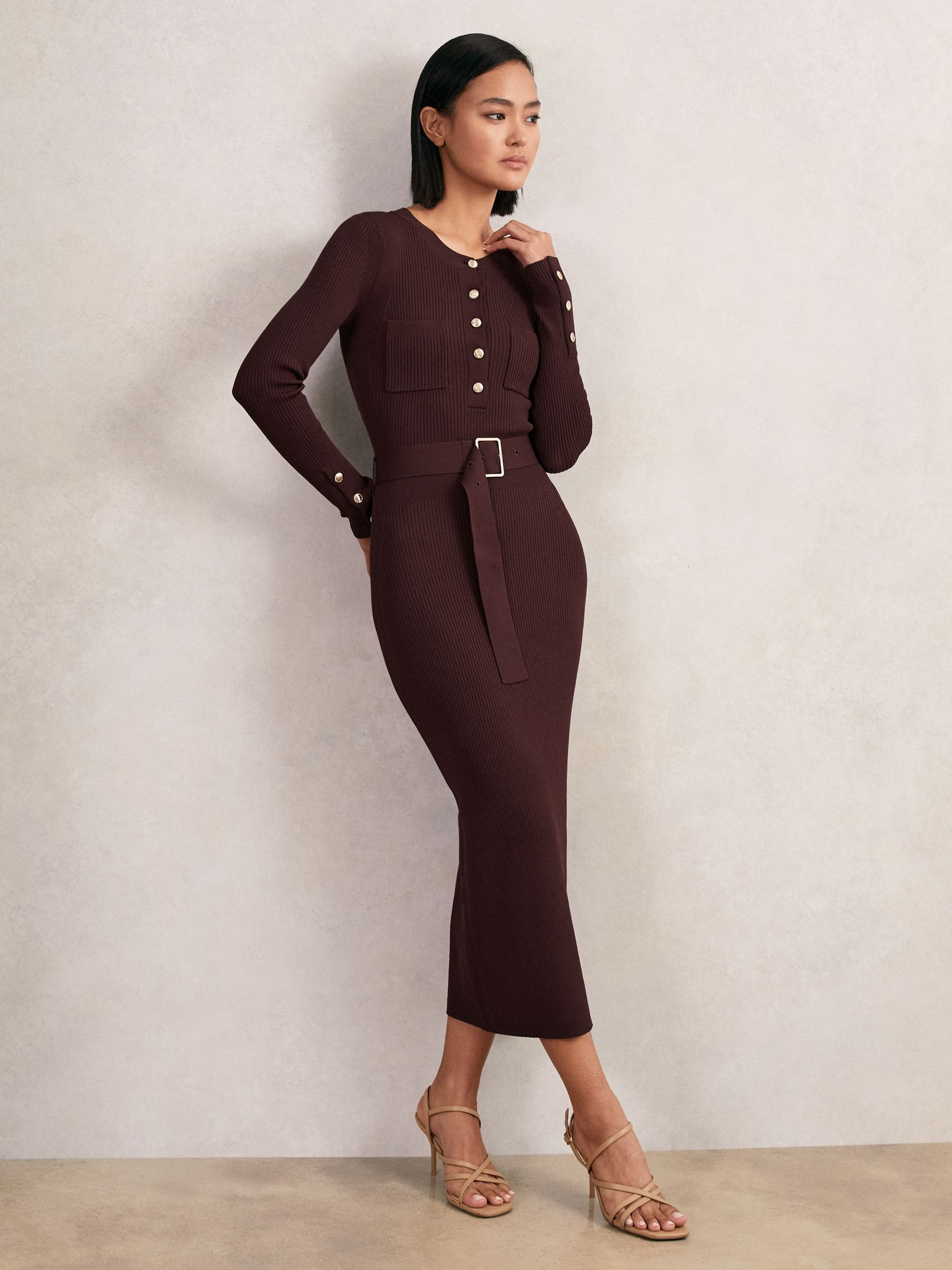 Buttoned Rib-Knit Midi Dress in Burgundy | Reiss UK