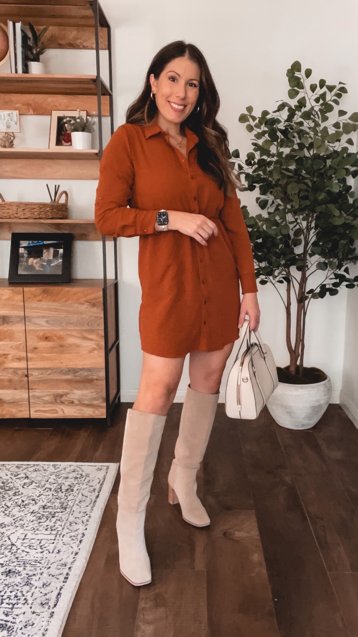 The perfect transitional piece for fall. Roll tab shirt dress in brick color  

#LTKunder100 #LTKSeasonal #LTKstyletip