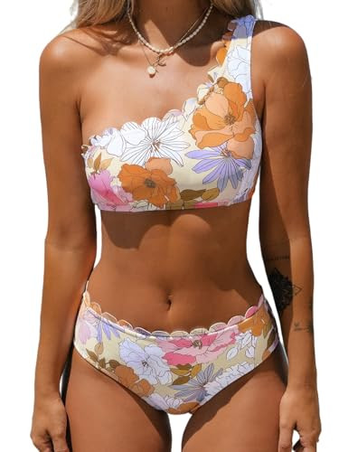 Amazon.com: CUPSHE Women's Bikini Sets Two Piece Bathing Suit One Shoulder Mid Rise Scalloped Wid... | Amazon (US)