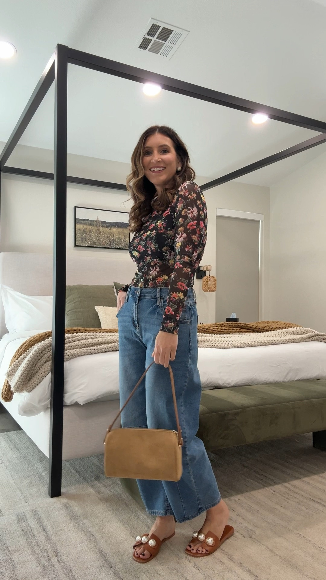 Casual early spring outfit, quiet luxury vibes on an Amazon budget, faux leather jacket on sale, AFRM sheer floral print top, barrel leg jeans, pearl sandals, suede shoulder bag under $30, Amazon suede handbag, easy outfit, casual outfit, brunch outfit, easy outfit 

#LTKSeasonal #LTKSaleAlert #LTKootd