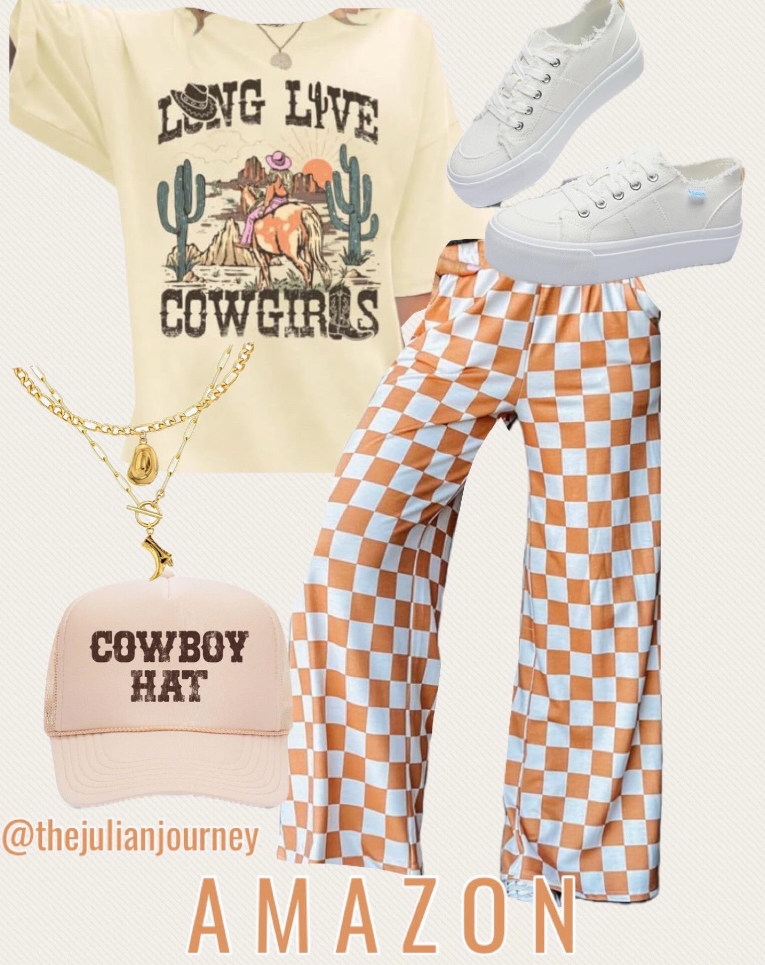Amazon outfit idea / cowboy chic outfit / checkered pants / trucker hat, sneakers / cowboy graphic tshirt / 