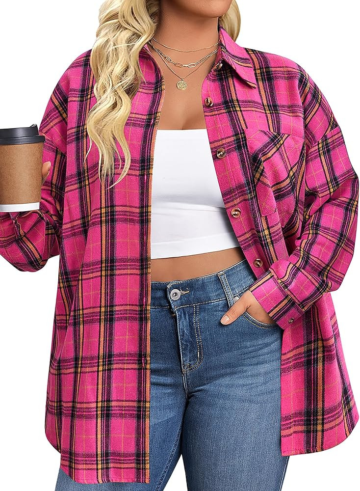 IN'VOLAND Womens Plus Size Flannel Plaid Shirts Roll Up Long Sleeve Casual Collared Button Down S... | Amazon (US)