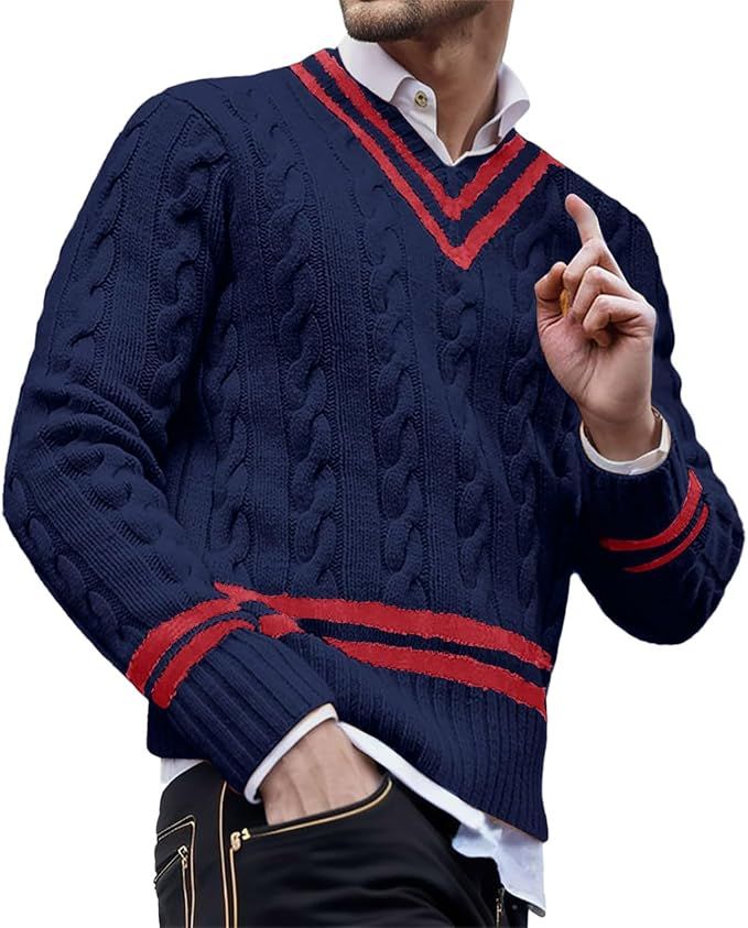 V Neck Sweater Men Cable Knit 2023 Fall Pullover Fashion Casual Jumper Tops Long Sleeve Loose Com... | Amazon (US)