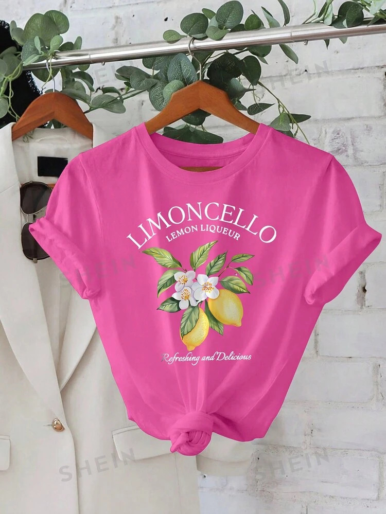 SHEIN LUNE Grafisch T-shirt met bloemen en slogan, zomer casual T-shirt LIMONCELLO CITROENLIKEUR ... | SHEIN