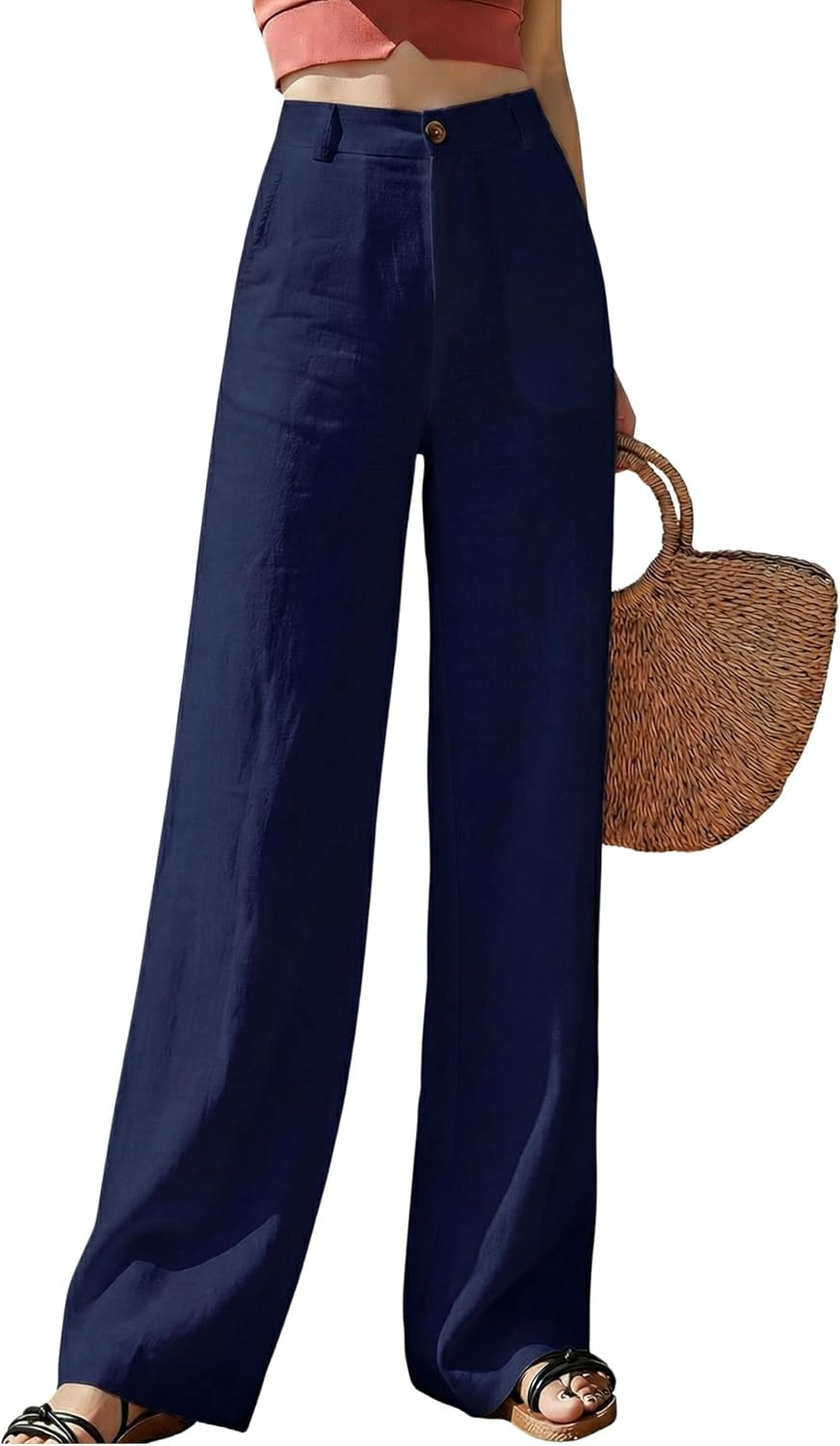 Hooever Womens Casual High Waisted Wide Leg Pants Button Up Straight Leg Trousers | Amazon (US)