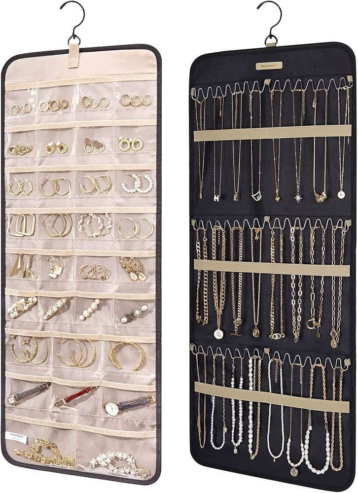 BAGSMART Hanging Jewelry Organizer Storage Roll with Hanger Metal Hooks Double-Sided Jewelry Hold... | Amazon (US)