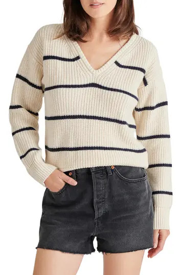 Steve Madden Kaitlyn Stripe V-Neck Sweater in Ivory Stripe at Nordstrom Rack, Size X-Small | Nordstrom Rack