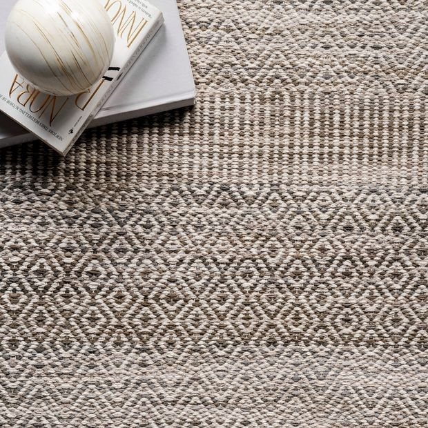 Beige Diamond Chevron Bands Tasseled 8' x 10' Area Rug | Rugs USA