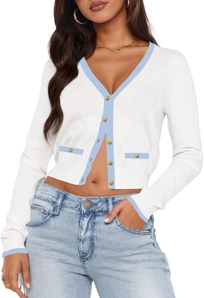 LEEDYA Women's Long Sleeve Cardigan Open Front Knit Cropped Sweaters Fall Color Block Button Down... | Amazon (US)