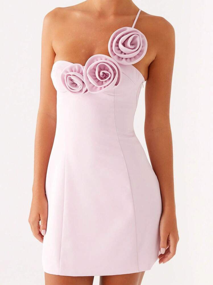 Women Sleeveless One Shoulder 3D Flower Mini Dress Spaghetti Strap Party Clubwear Short Dresses | SHEIN