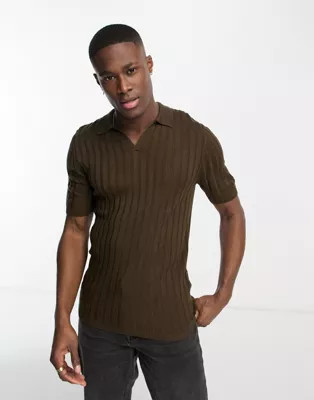 ASOS DESIGN muscle lightweight knit rib notch neck polo in brown | ASOS (Global)