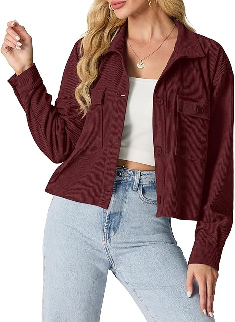 IWOLLENCE Women's Cropped Shacket Jacket Fashion Button Down Corduroy Shacket Jackets Casual Crop... | Amazon (US)