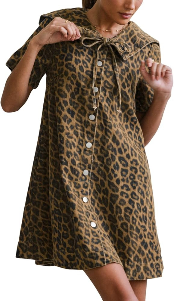 chouyatou Women's Leopard Print Short Sleeve Denim Dress Button Down Peter Pan Collar Midi Jean D... | Amazon (US)