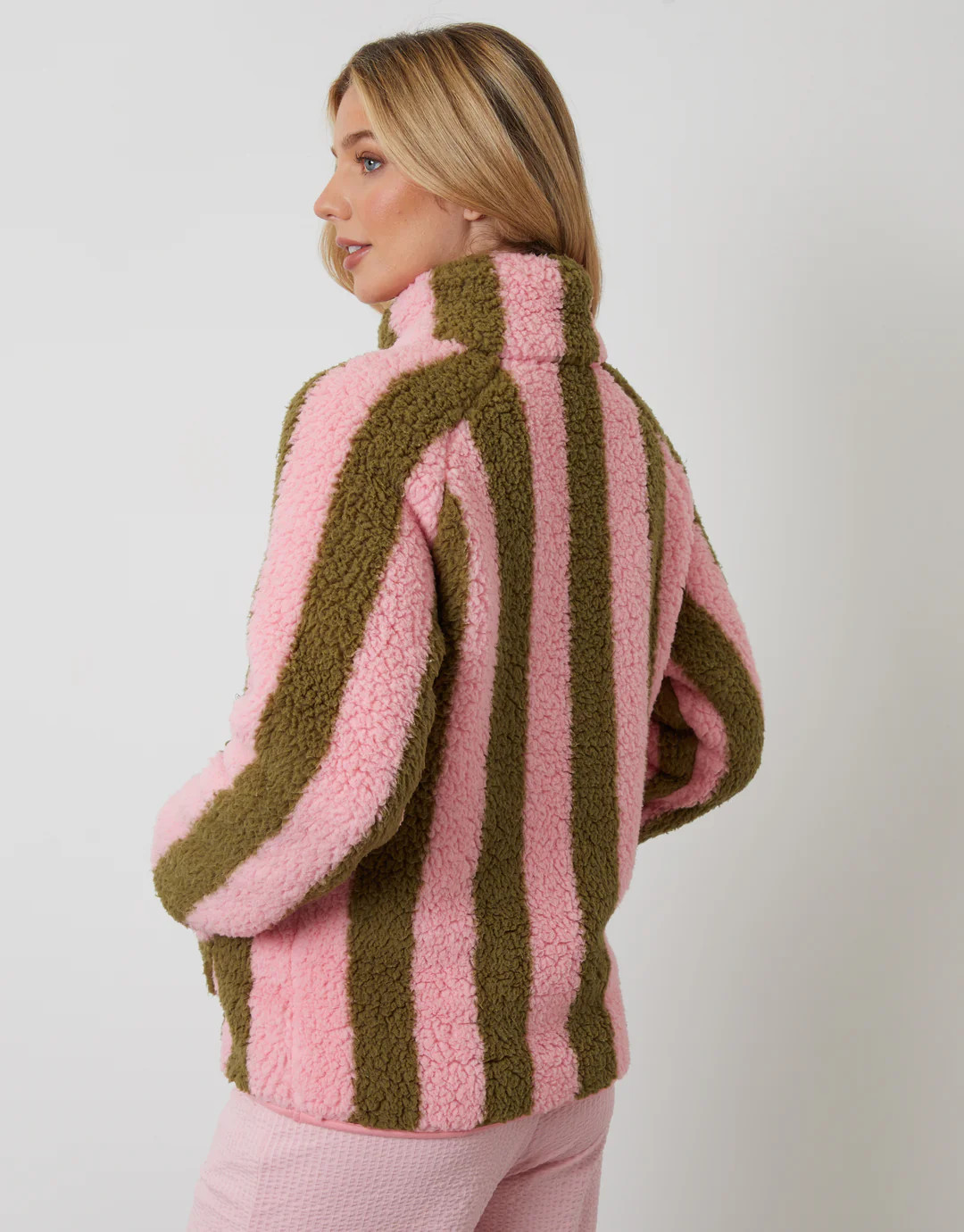 Pink Stripe Borg Quarter Zip Lounge Fleece | Threadbare