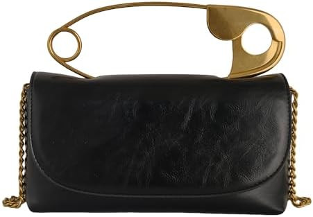 Women's Small Black Soft Pin Shaped Vegan Leather Crossbody Purse Bag with Gold Metallic Handles ... | Amazon (US)