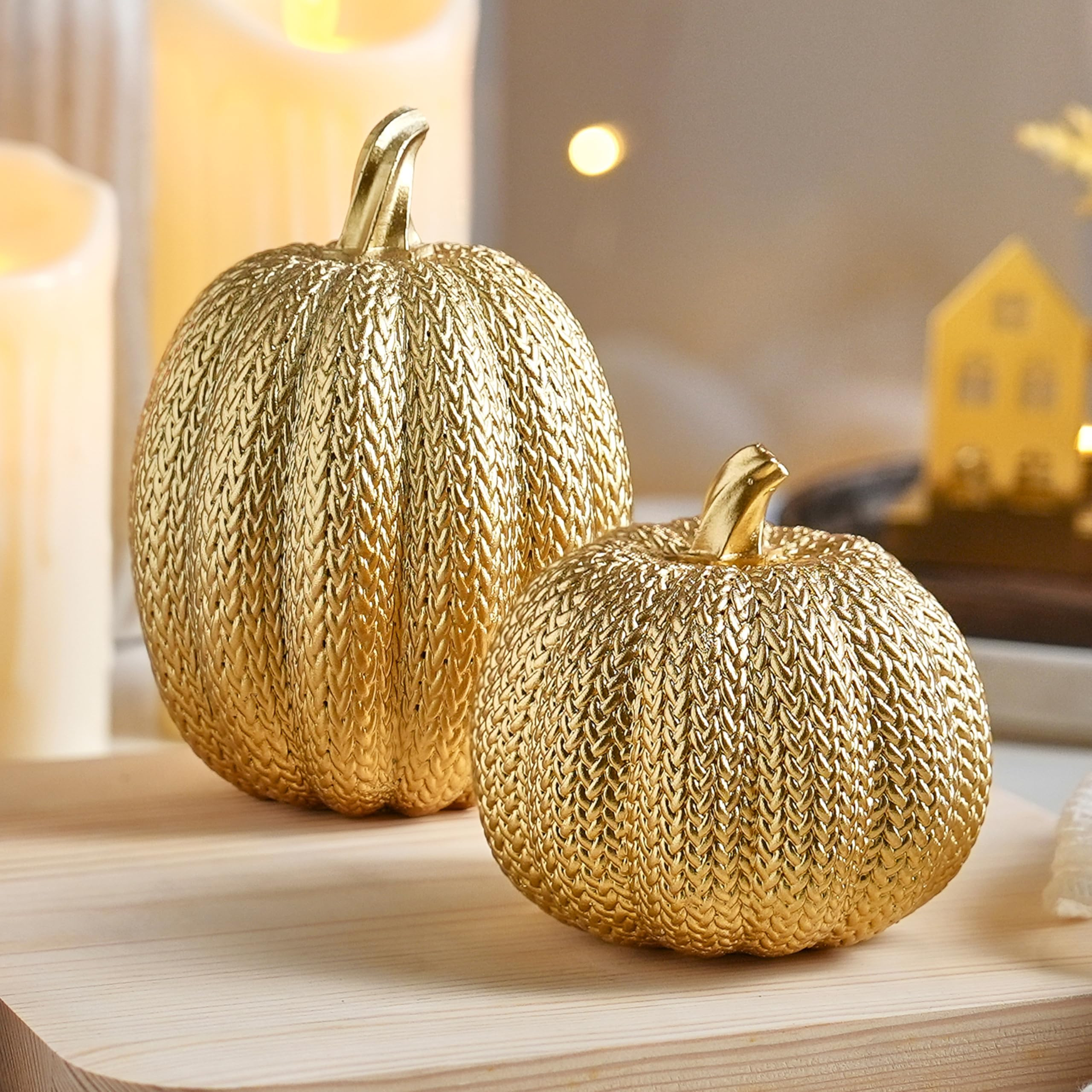 Pumpkin Fall Decor Indoor - Gold Pumpkin for Decorating, 2Pcs Resin Pumpkins Decor with Woven Eff... | Amazon (US)