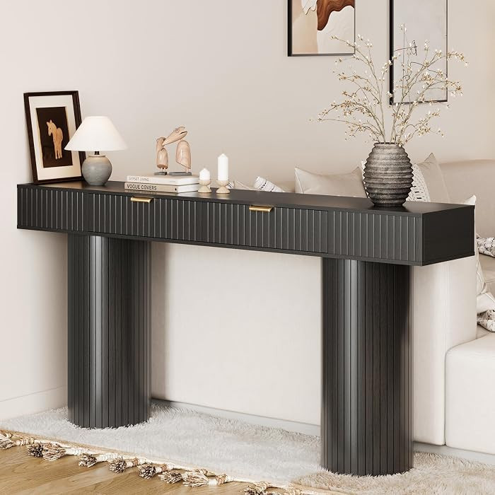 63 Inch Fluted Console Table with 2 Drawers     Black Entryway Table with Gold Knobs, 220 lbs Cap... | Amazon (US)