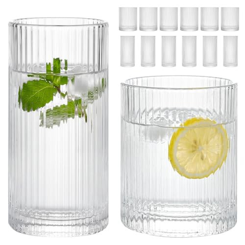 Moretoes Ribbed Drinking Glasses Set of 12, Glassware Clear Water Glass Cups, 6 Highball Glasses 12 Oz, 6 Rocks Glass 13 Oz, RibbedKitchen Bar Tumbler for Wine, Juice, Ice Coffee, Whiskey | Amazon (US)