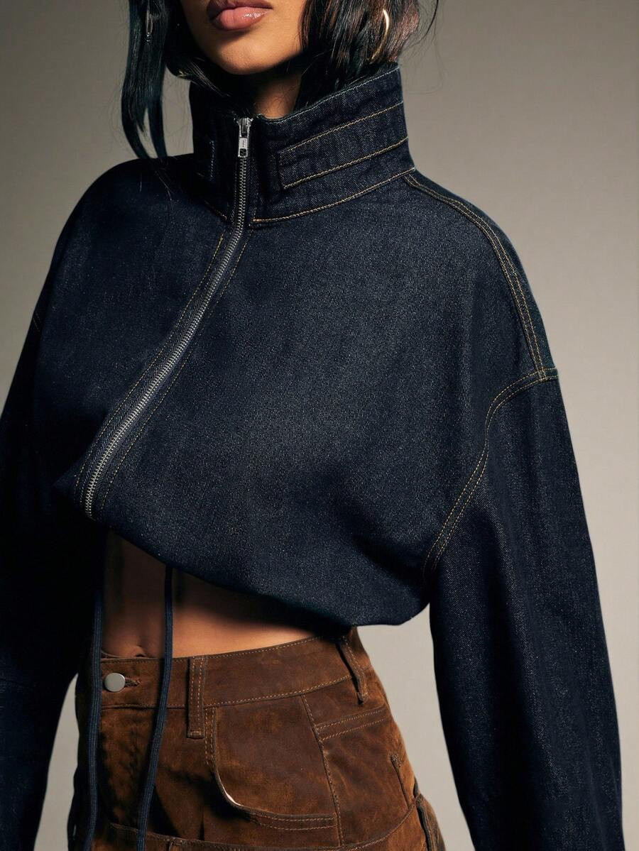 Denimoi Elastic Waist Toggle High Neck Zip Front Cropped Denim Jacket | SHEIN