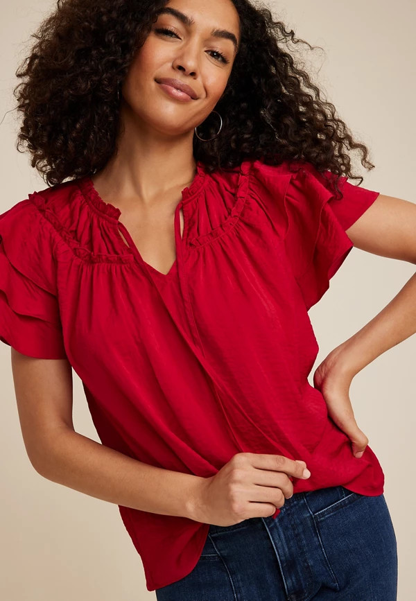 Flutter Sleeve Tie Front Blouse | Maurices