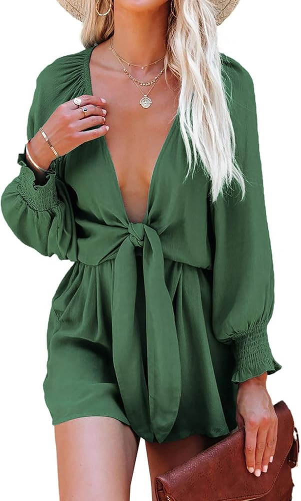 AlvaQ Womens Long Sleeve Romper Tie Knot Front V Neck Short Jumpsuits,S-XL | Amazon (US)