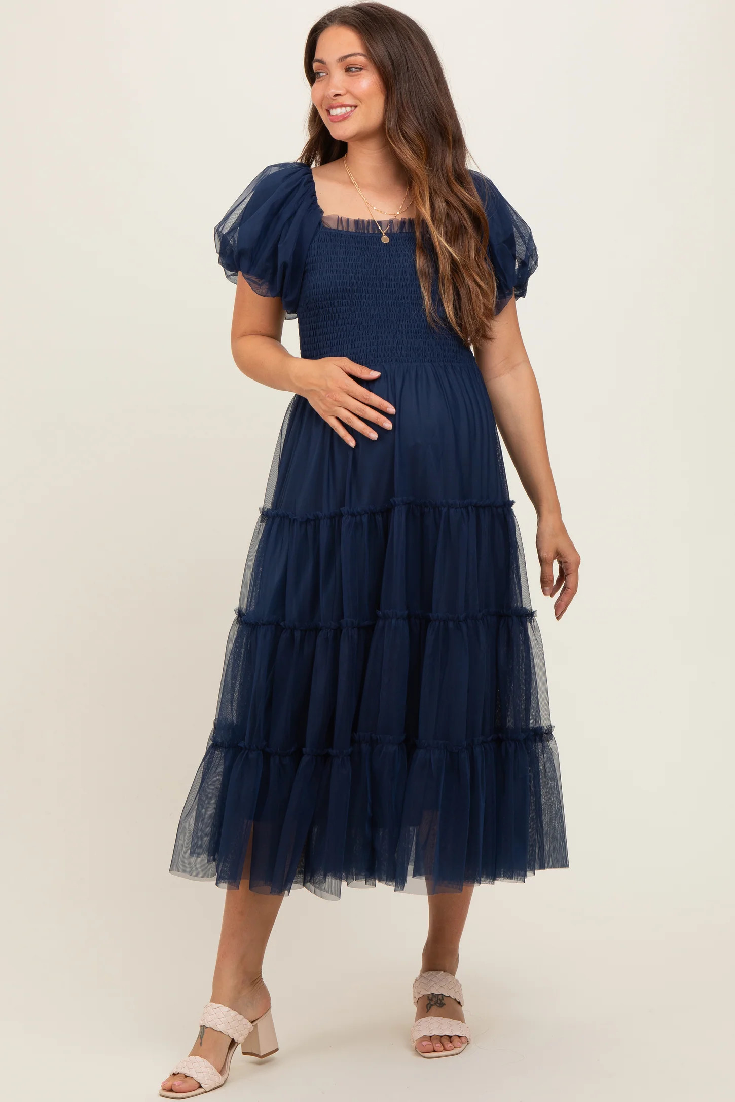 Navy Smocked Tiered Tulle Maternity Midi Dress | PinkBlush Maternity