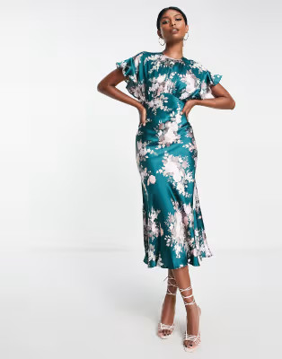 ASOS DESIGN satin midi dress with blouson bodice in vintage floral print | ASOS (Global)