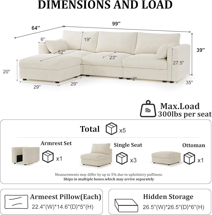 Cloud Modular Sectional Sofa Couch with Storage Ottoman, 99" Oversized Sectional Couches for Livi... | Amazon (US)